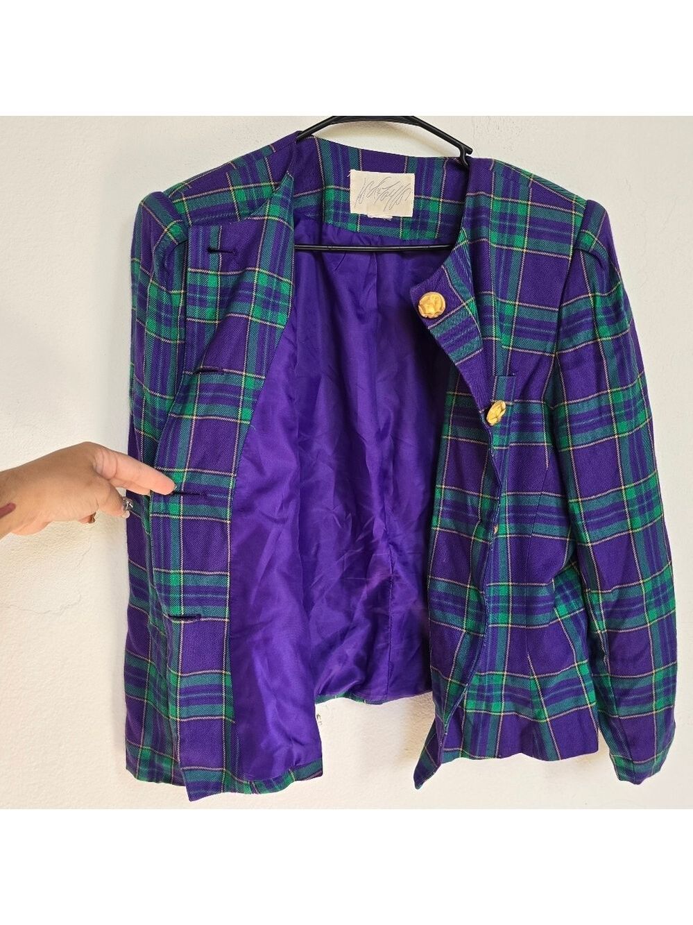 Lord & Taylor Purple Green Plaid Vintage Blazer Chunky Gold Buttons - Picture 12 of 14